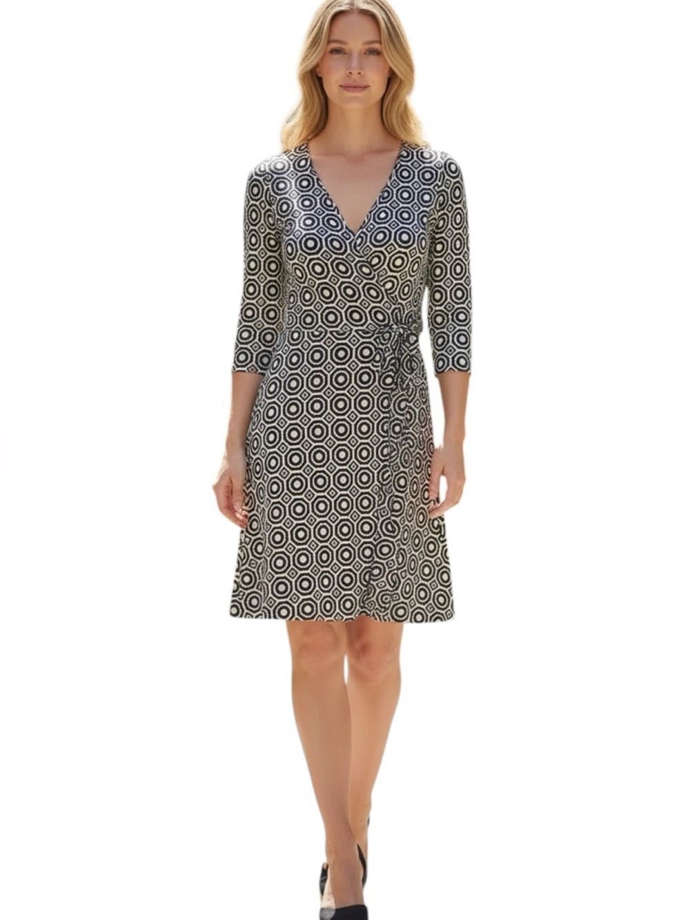 CYNTHIA ROWLEY VNECK 3/4 SLEEVE GEO PRINT FAUX WRAP BUSINESS OFFICE DRESS S